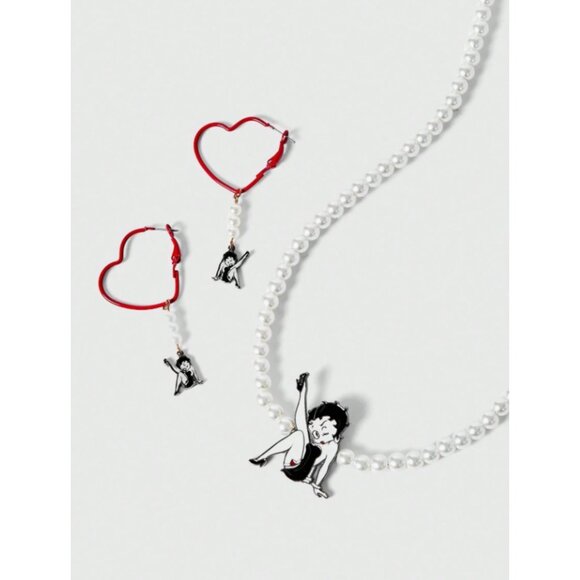 Betty Boop Faux Pearl Necklace & Heart Earring Set  Cute Cartoon Charm Jewelry - Picture 2 of 5